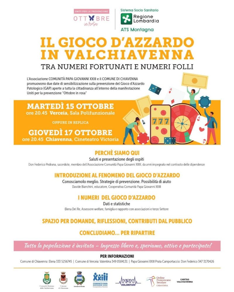 Locandina gioco d'azzardo serate sensibilizzazione Valchiavenna