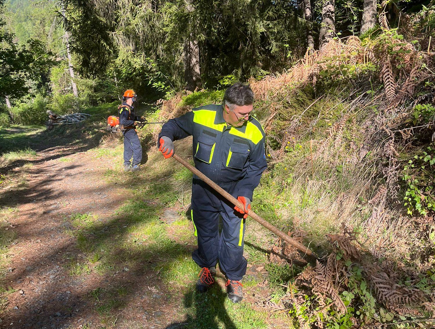 Volontari della Protezione al lavoro ieri lungo il sentiero tagliafuoco in località Piscè